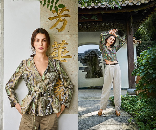Cache-cœur, pantalon et blouse en impression cachemire - Burda Style février 2020