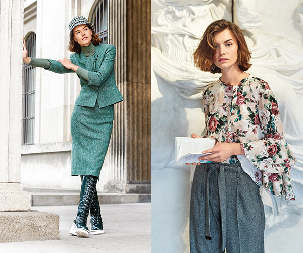 Tailleur en tweed et blouse romantique
