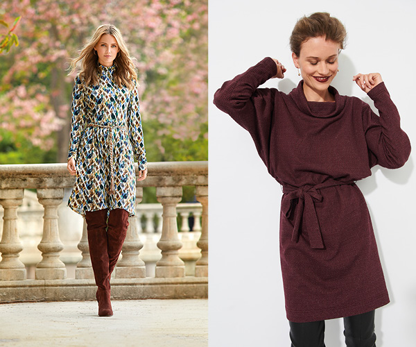 Robe à col montant et robe pull avec ceinture à nouer