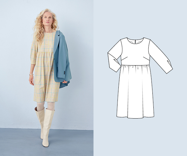 Robe beige, à carreaux jaunes et bleus