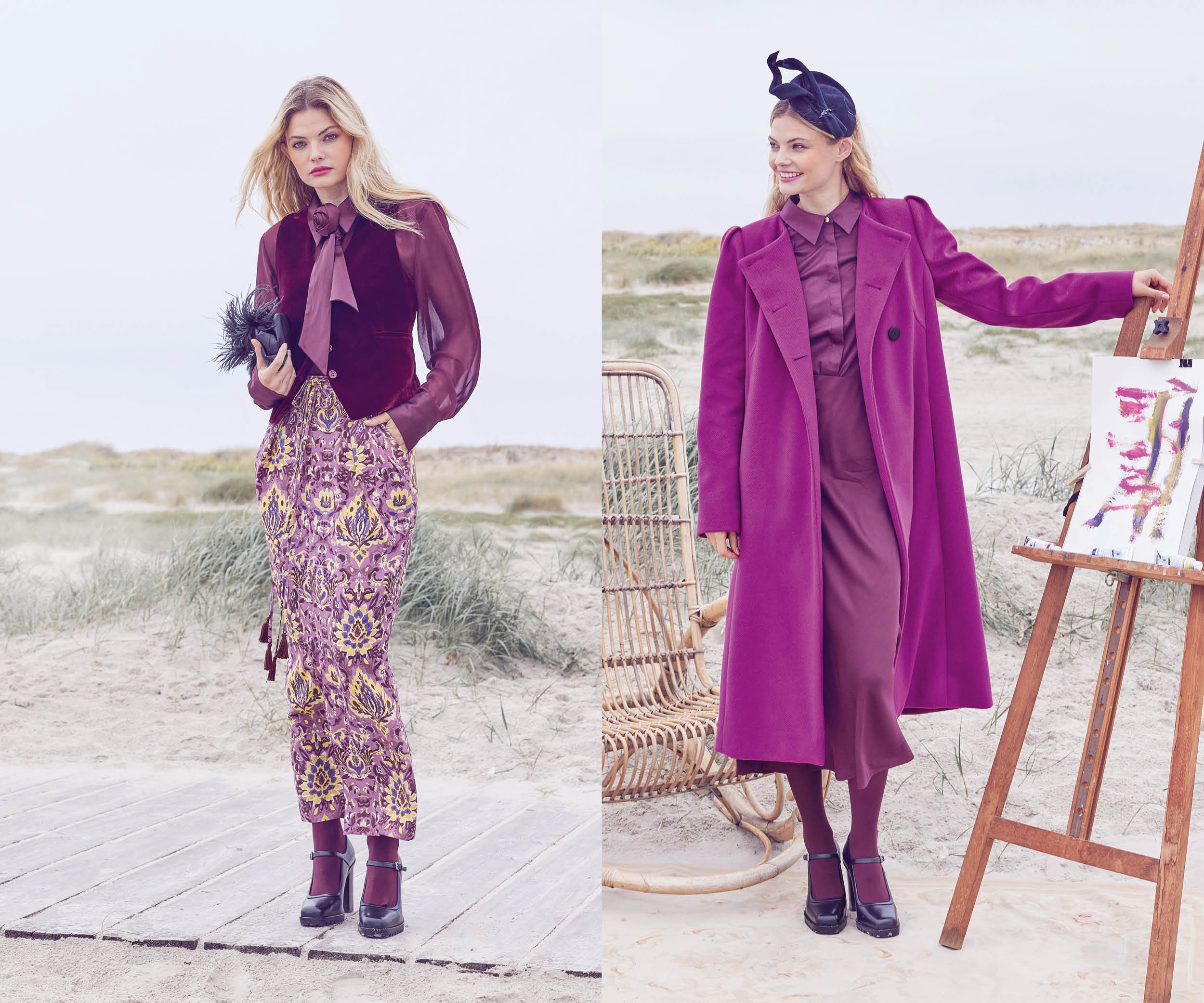 Boho en bordeaux : des patrons féminins aux détails vintage, en nuances de bordeaux et bleu